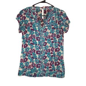 Fossil Woman's Floral Printed Purple & Blue VNeck Blouse Size Medium
